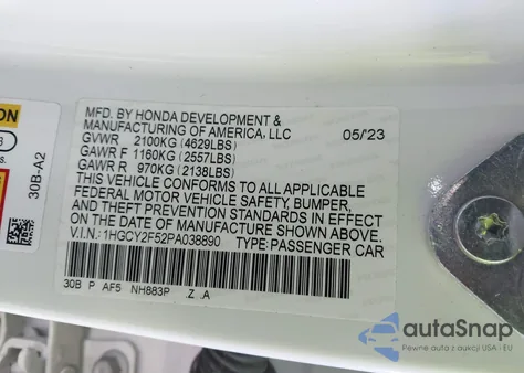 2023 Honda Accord Hybrid Sport из США, поврежденный, VIN 1HGCY2F52PA038890